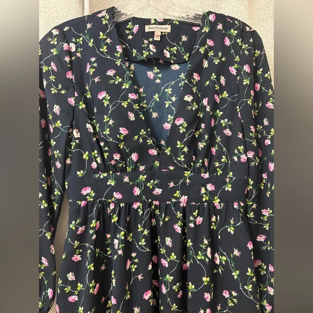90’sJuicy Couture Women’s Blue Dress with Pink Floral Size 2 Preppy,Y2K Babydoll